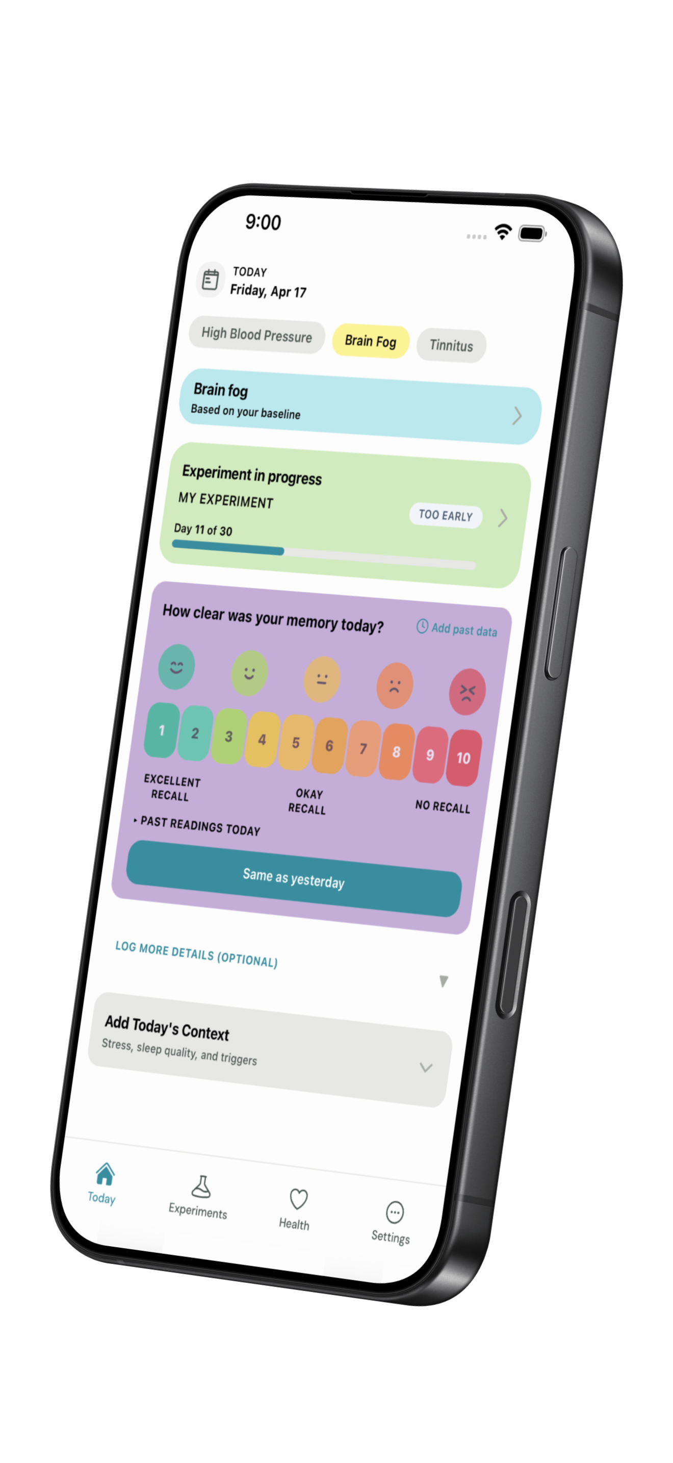 Lemma Health app on iPhone showing daily check-in and experiment tracking